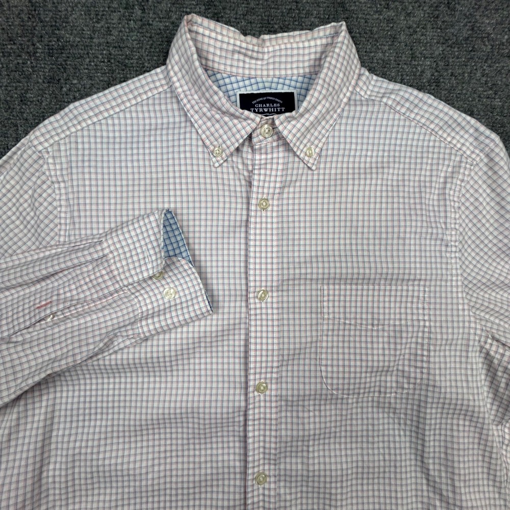 Charles Tyrwhitt Button Down Shirt Mens M Pink Blue Check‎ Slim Fit Non-Iron